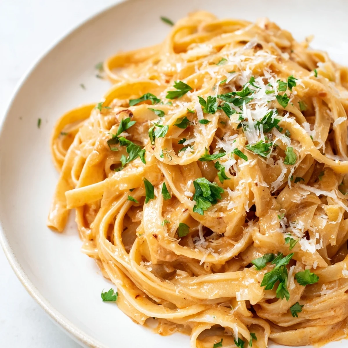 A vibrant bowl of Sriracha Honey Pasta, garnished with red pepper flakes and a lemon wedge for serving.