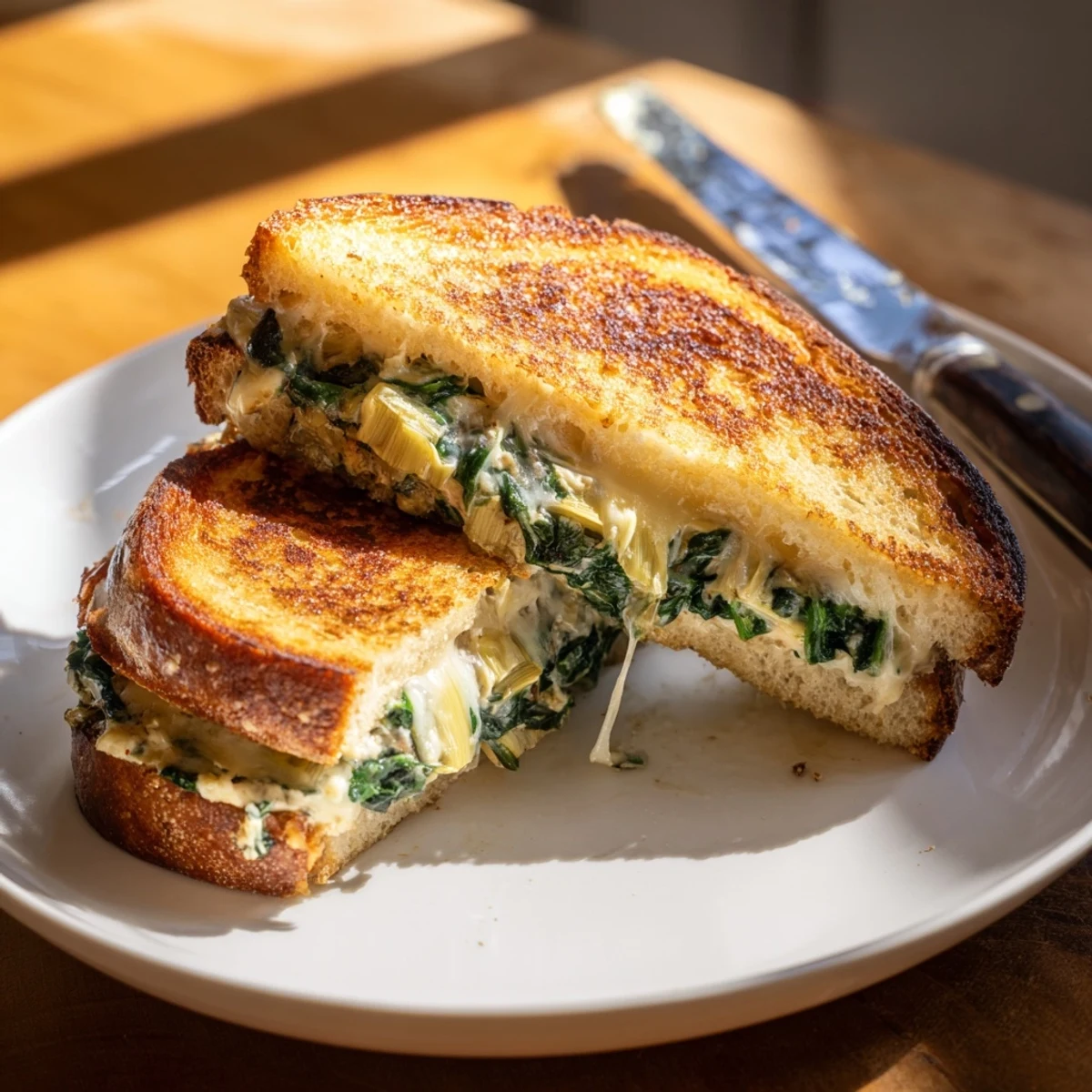 Crispy golden sourdough sandwiches stuffed with creamy spinach artichoke grilled cheese, served hot and melty.