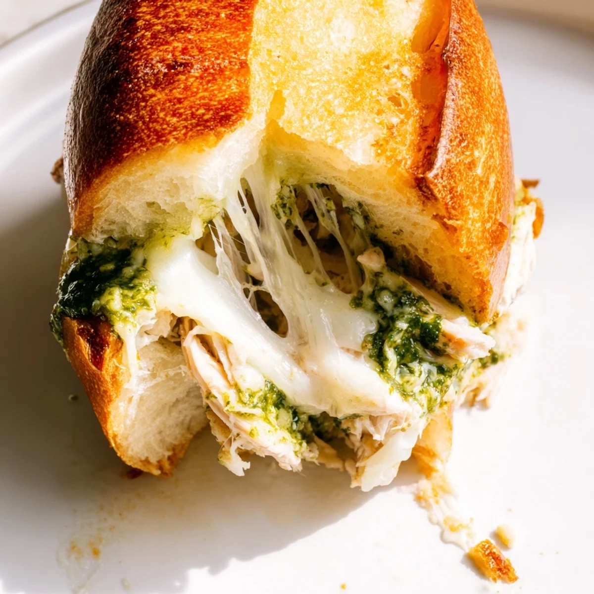 A close-up of the Mozzarella Pesto Chicken Grilled Cheese, highlighting the fresh basil and melted mozzarella in a golden crust.