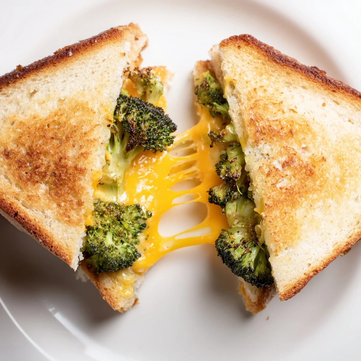 Golden toasted sourdough slices cradle roasted broccoli florets and melted sharp cheddar in this Roasted Broccoli & Cheddar Grilled Cheese.  