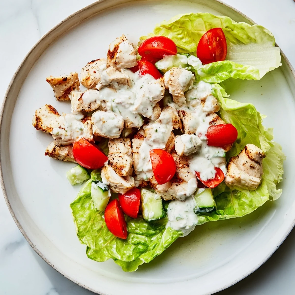Spicy Jalapeño Ranch Chicken Salad served over crunchy greens with optional crispy tortilla strips for garnish.