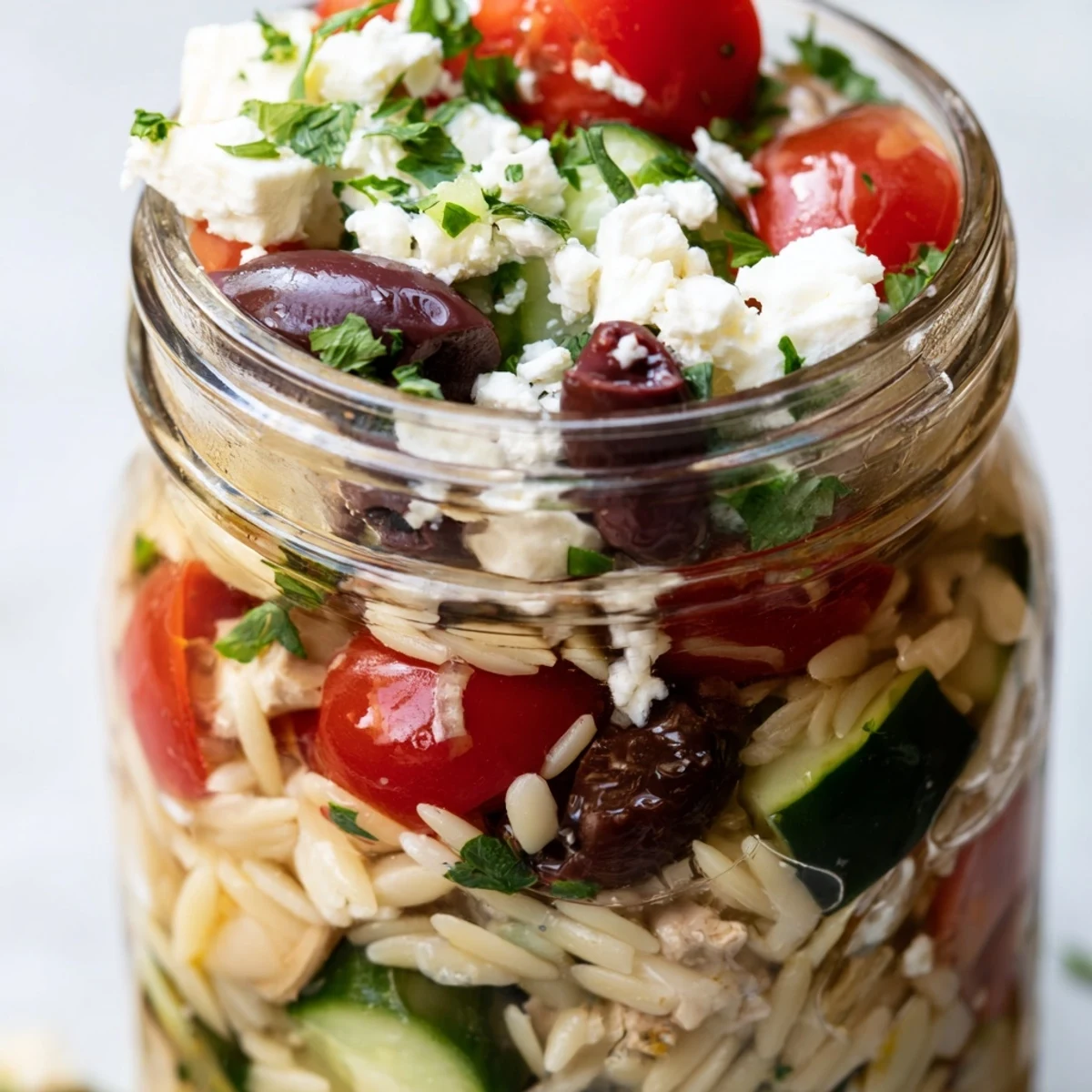 Bright Greek Pasta Chicken Salad Jars layered with orzo, juicy chicken, crisp cucumbers, and briny Kalamata olives for a fresh Mediterranean lunch.