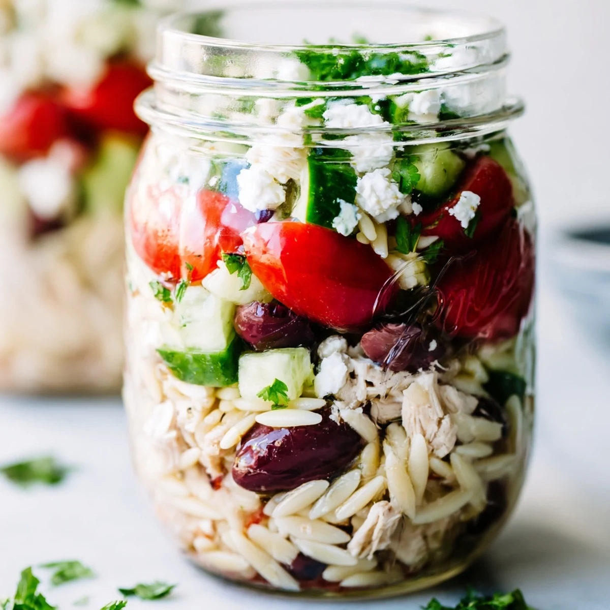 Vibrant Greek Pasta Chicken Salad Jars with tender chicken, tangy red onion, and fresh parsley, drizzled with red wine vinaigrette.