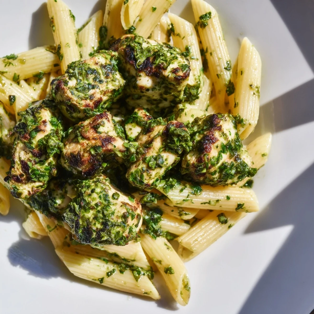 Grilled chicken pieces and al dente penne pasta tossed in a bright, herby green chimichurri sauce, garnished with fresh parsley.