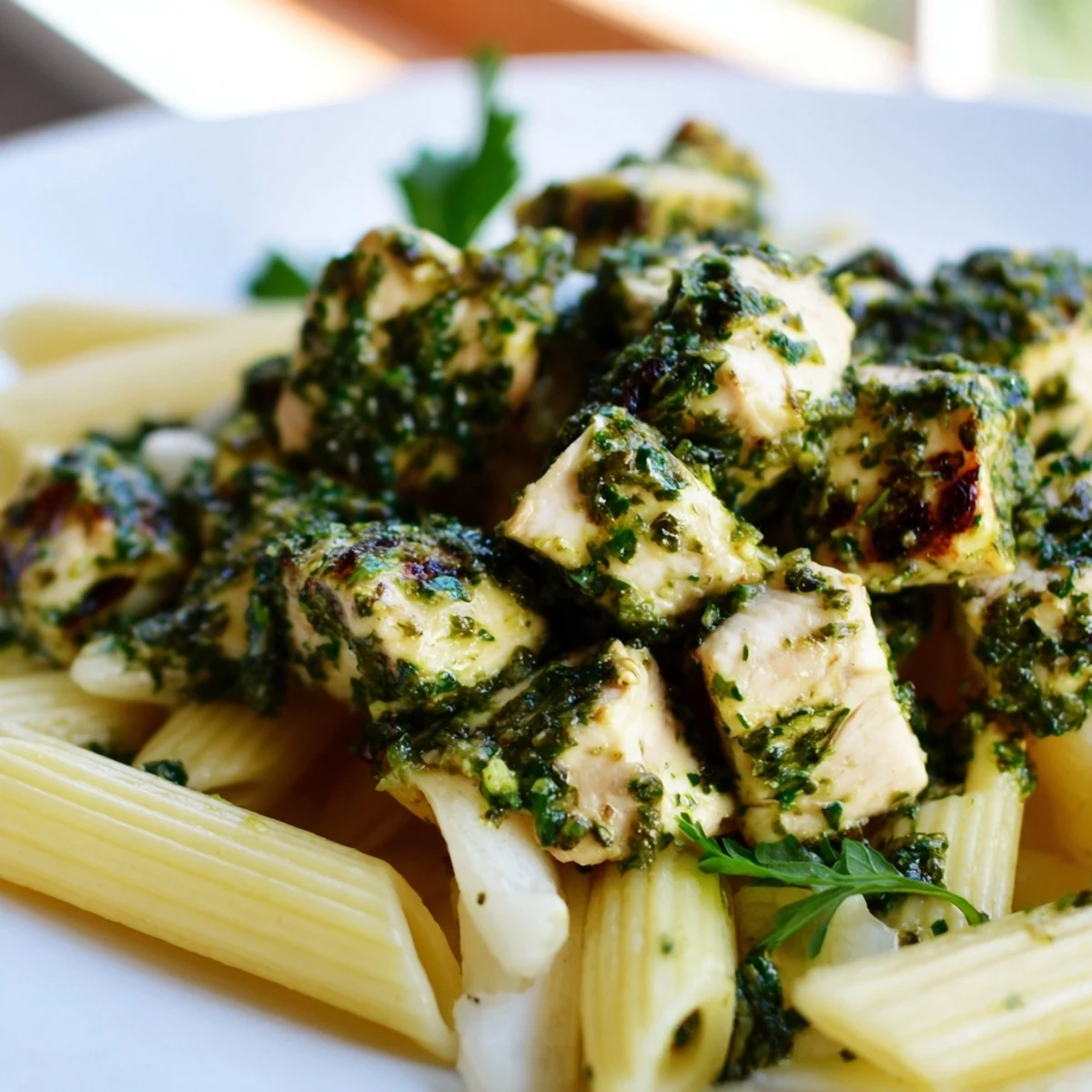 A hearty bowl of Chimichurri Chicken Pasta featuring juicy chicken, pasta, and a bold, herb-packed green sauce for a colorful, savory main dish.