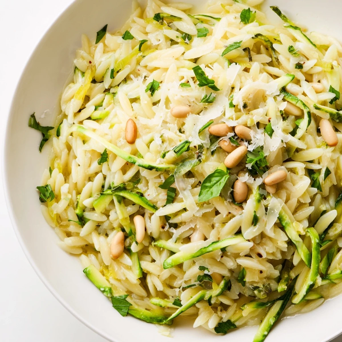 Close-up view of a chilled Asparagus Lemon Orzo Salad with shaved vegetables, herbs, and cheese, ready to serve at a sunny picnic or light lunch gathering.
