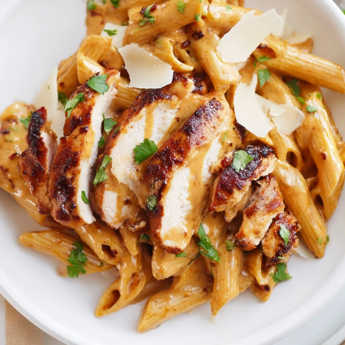 A close-up of honey chipotle chicken pasta with penne coated in creamy, sweet-smoky sauce and topped with fresh cilantro.  
