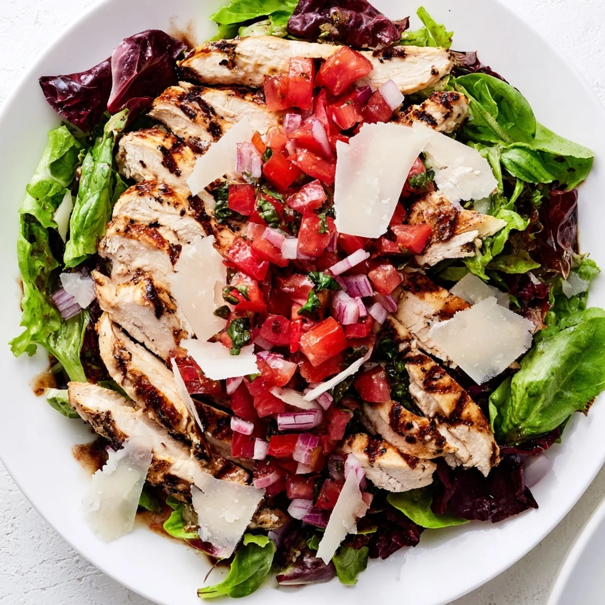 Freshly grilled chicken slices rest on a bed of mixed greens, topped with a vibrant tomato-basil bruschetta mixture for a light Bruschetta Chicken Salad.  