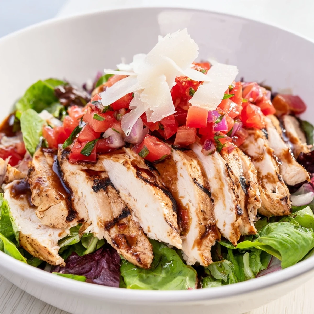 Juicy grilled chicken breast is served over crisp salad greens, finished with a colorful bruschetta topping of tomatoes and fresh basil in this Bruschetta Chicken Salad.  