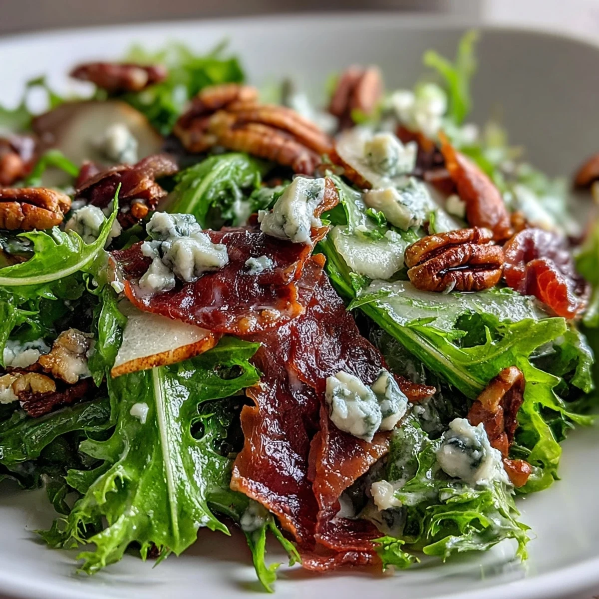 Gourmet Frisée, Pear, Blue Cheese, and Crispy Prosciutto Salad, drizzled in tangy vinaigrette.