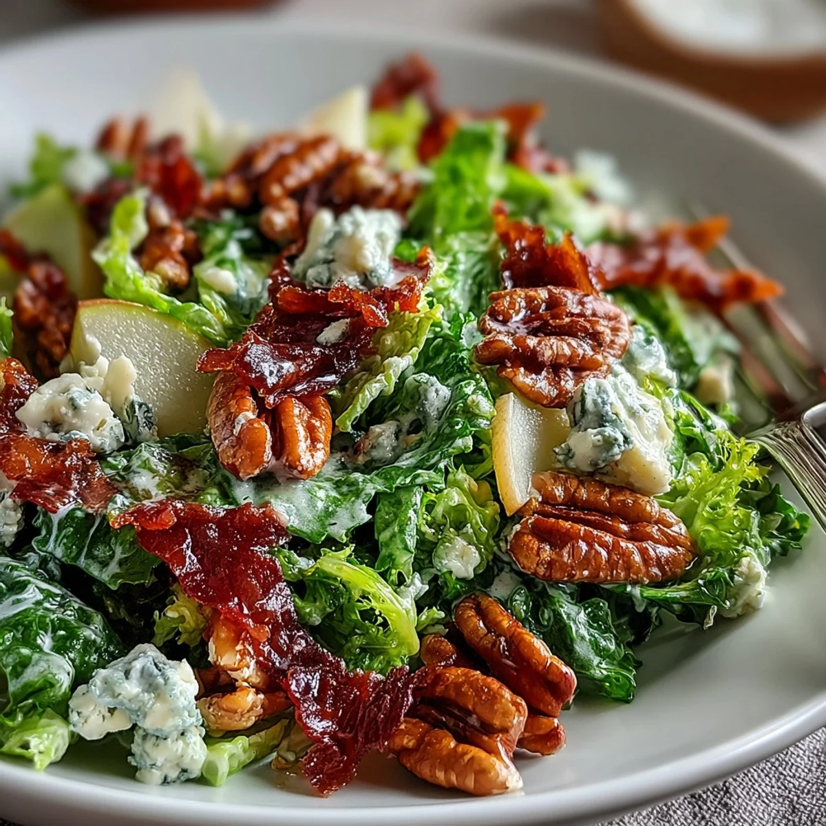 Elegant Frisée, Pear, Blue Cheese, and Crispy Prosciutto Salad, topped with crunchy prosciutto shards.