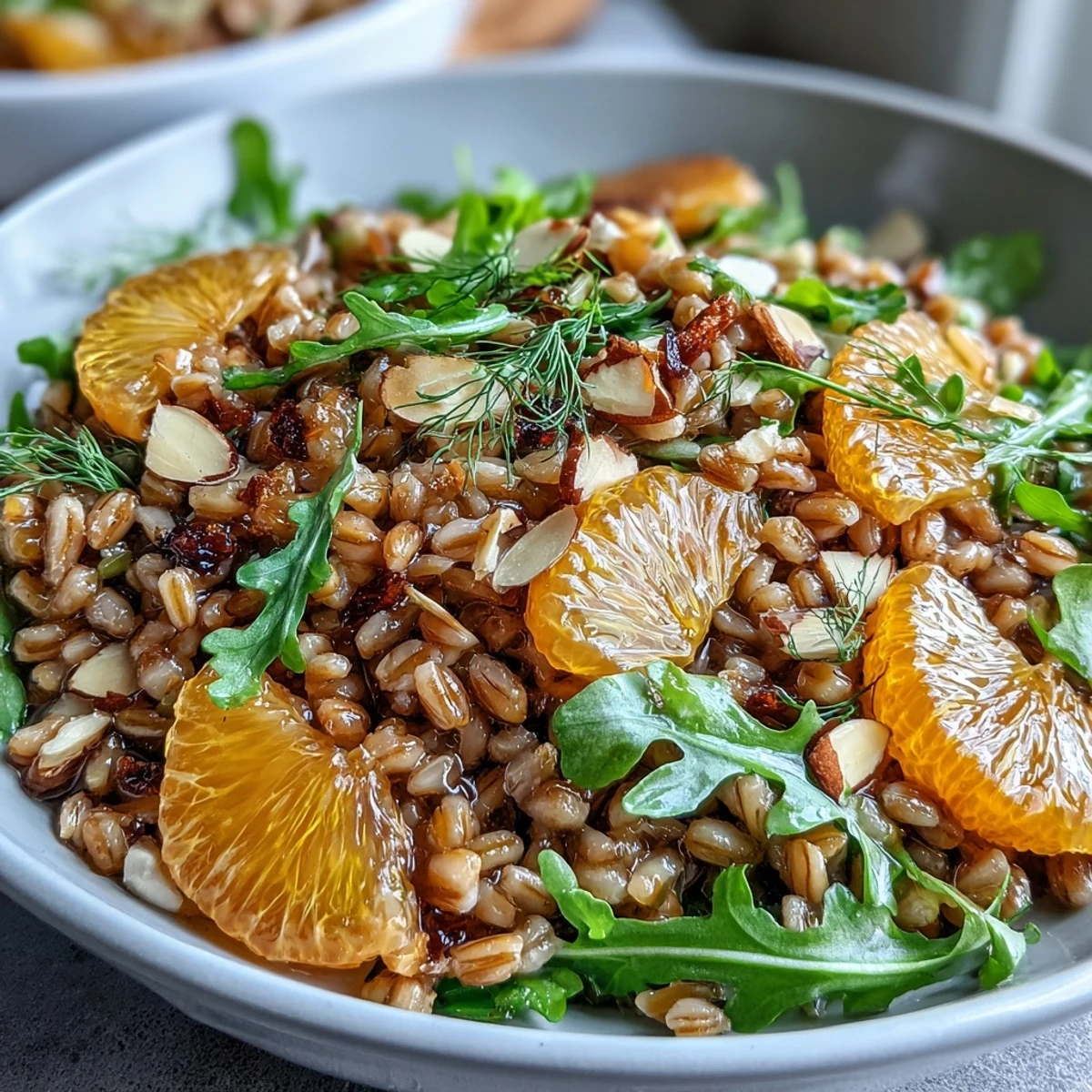 Toasted almond slices rest atop a vibrant Farro Salad with Fennel, Oranges, and Almonds, dressed in a citrus vinaigrette.