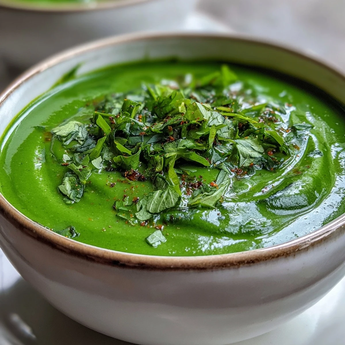Healthy Spinach Coriander Lemongrass Soup with fresh herbs and creamy coconut milk.