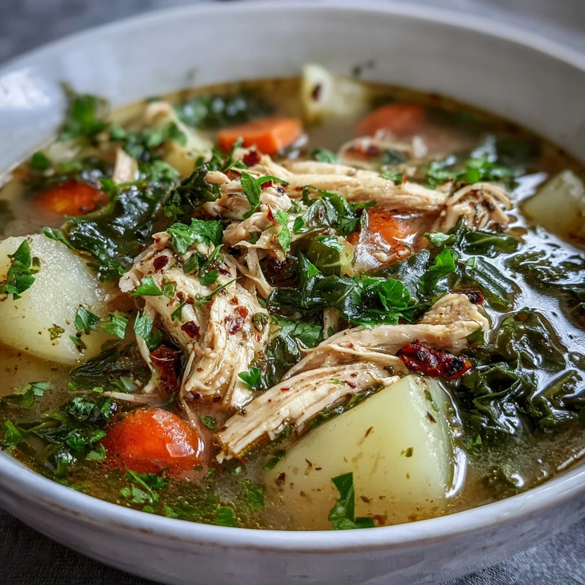 Rich collard greens chicken soup photo, highlighting wholesome ingredients and savory broth.