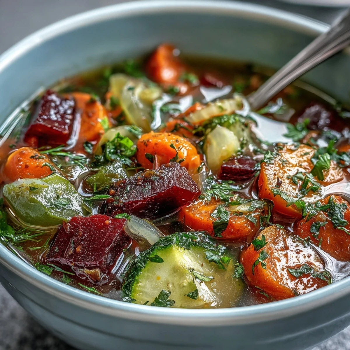 Vibrant Rainbow Vegetable Detox Soup, brimming with colorful, tender garden vegetables in savory broth.