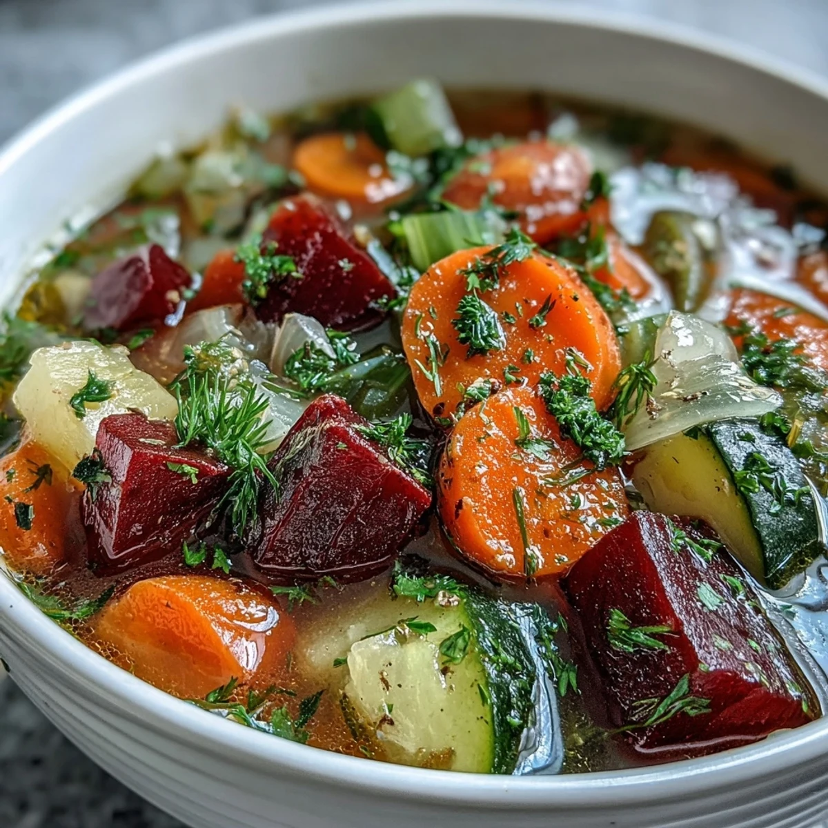 Nourishing Rainbow Vegetable Detox Soup, a bright bowl of healthy goodness, ready to serve.
