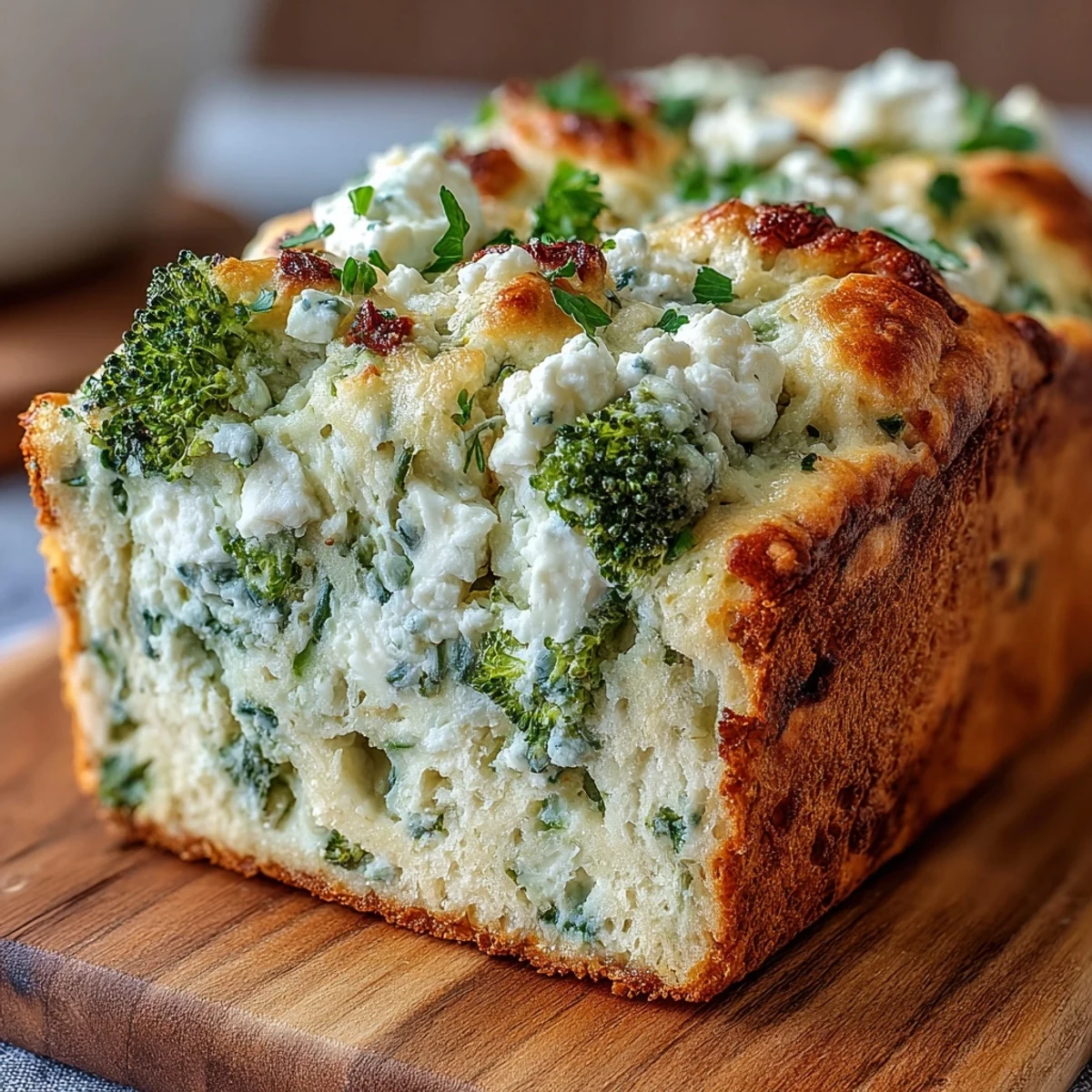 A freshly baked Broccoli and Feta Loaf showing golden crust and visible broccoli florets inside.