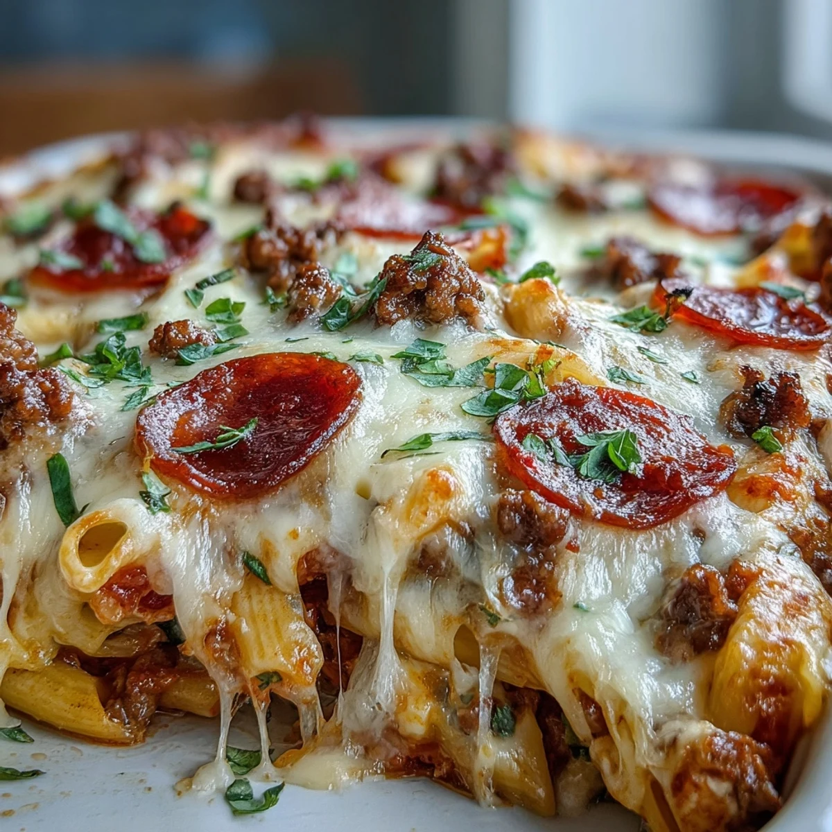 Golden melted mozzarella and Parmesan blanket the High Protein Italian Beef and Pasta Bake, with turkey pepperoni peeking through in a rustic dish.