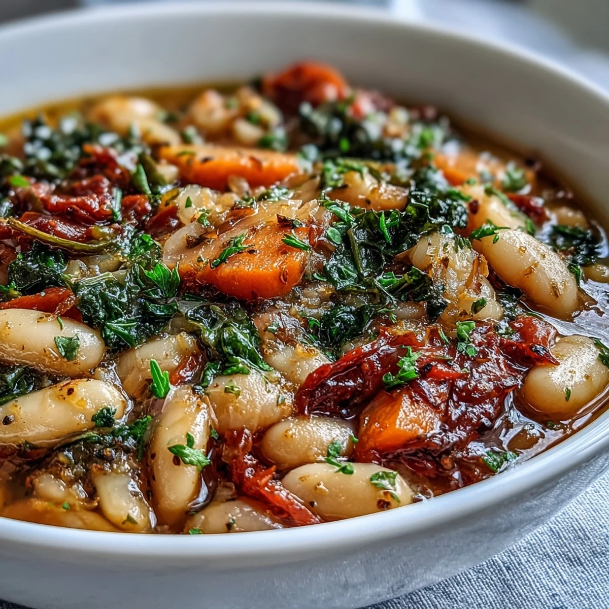 Hearty Mediterranean White Bean Stew, brimming with tender beans and vibrant vegetables.