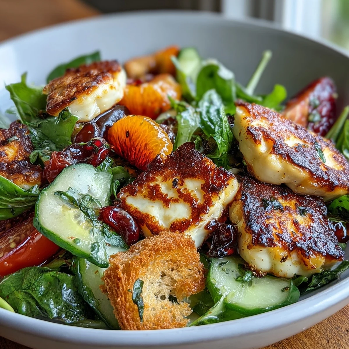 Crispy golden halloumi and blood orange slices rest atop a vibrant salad of greens, cucumber, and radishes, drizzled with sumac vinaigrette.  