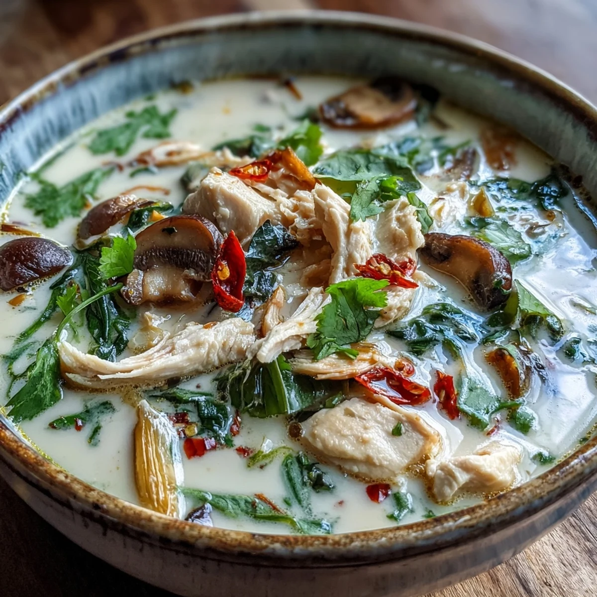 Spicy Thai Authentic Tom Kha Gai featuring coconut milk, galangal, and lemongrass, ready to be enjoyed.