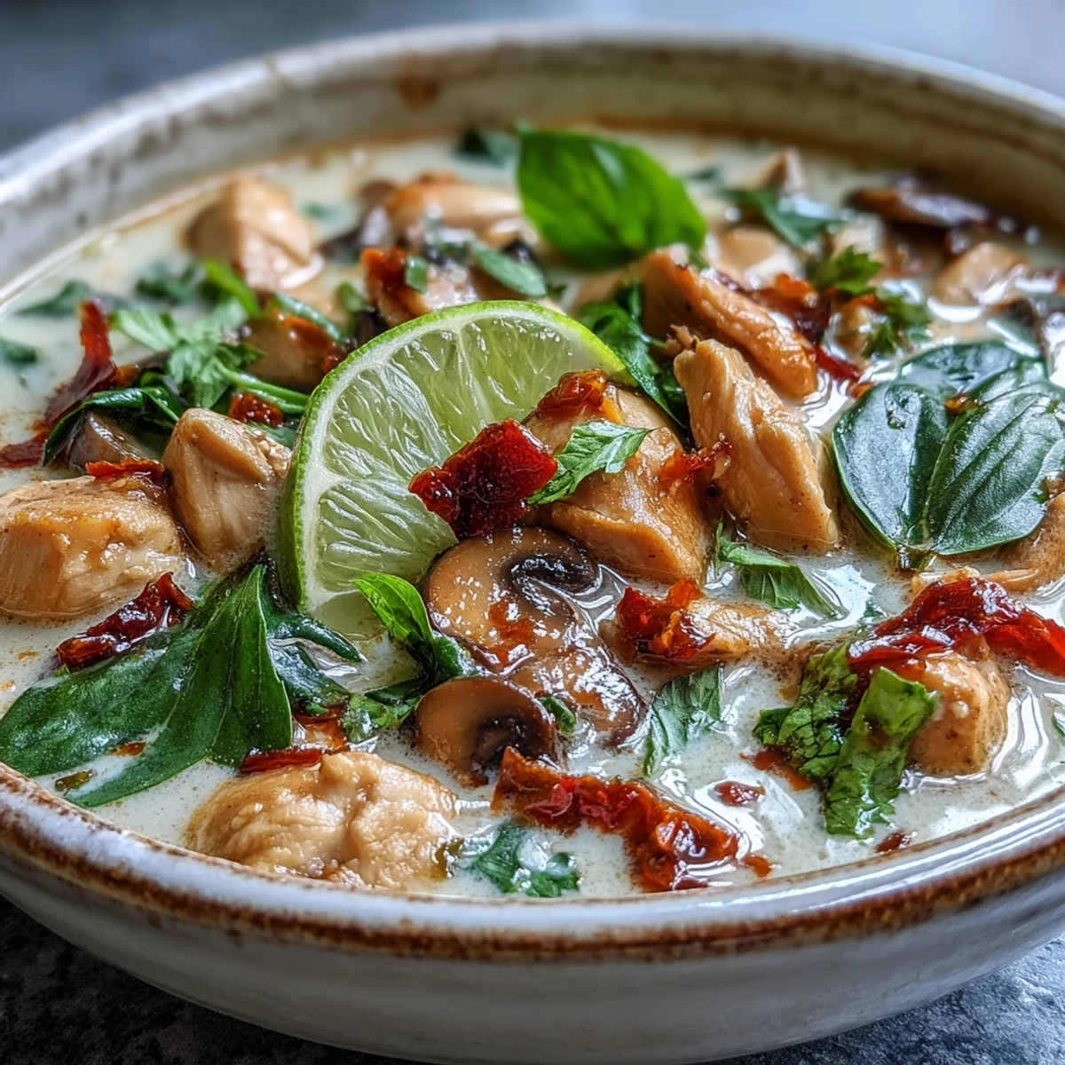Fragrant Thai Chicken Coconut Curry Soup simmering in a pot with creamy coconut milk, red bell peppers, and snow peas.