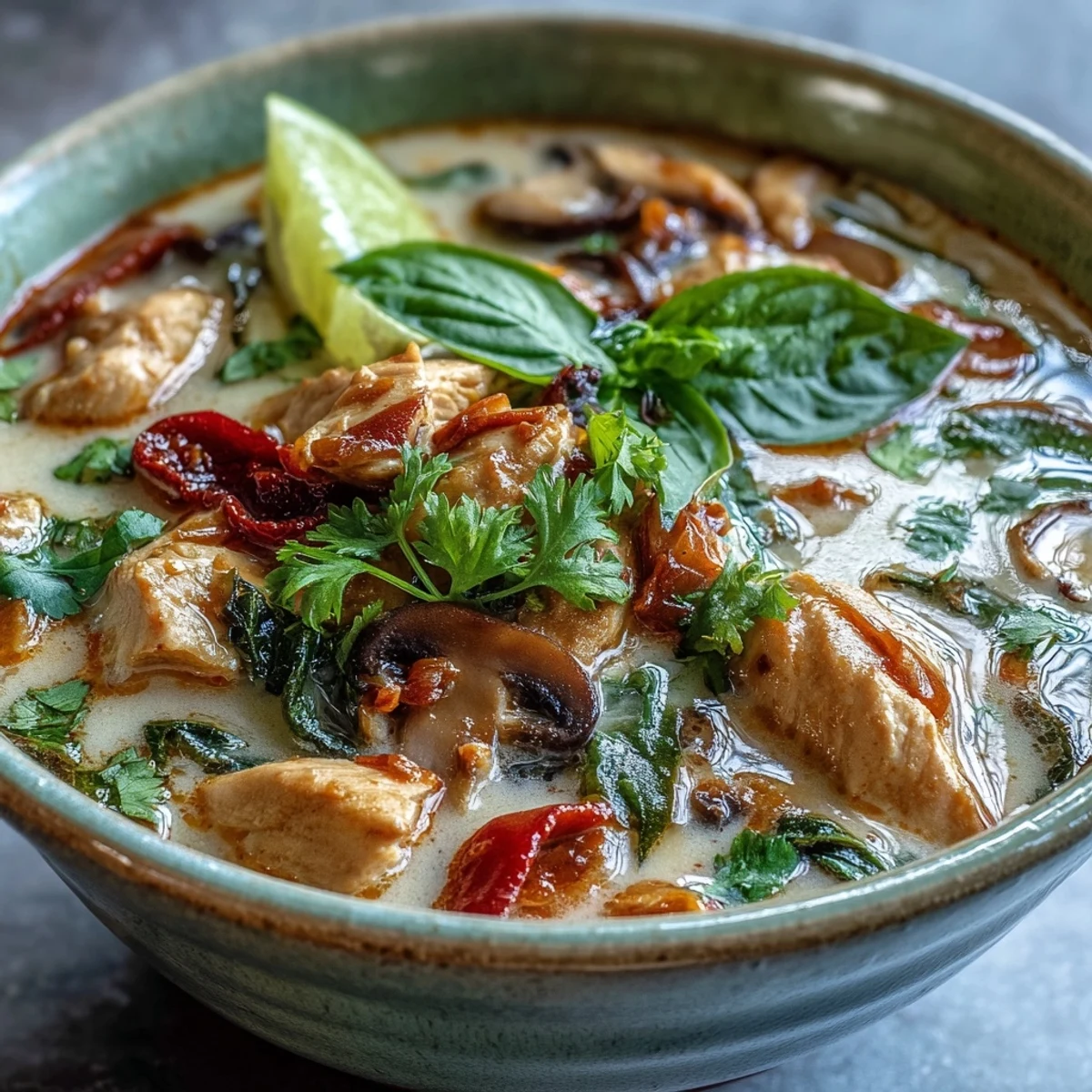 A close-up bowl of Thai Chicken Coconut Curry Soup garnished with fresh cilantro, Thai basil, and a lime wedge for squeezing.