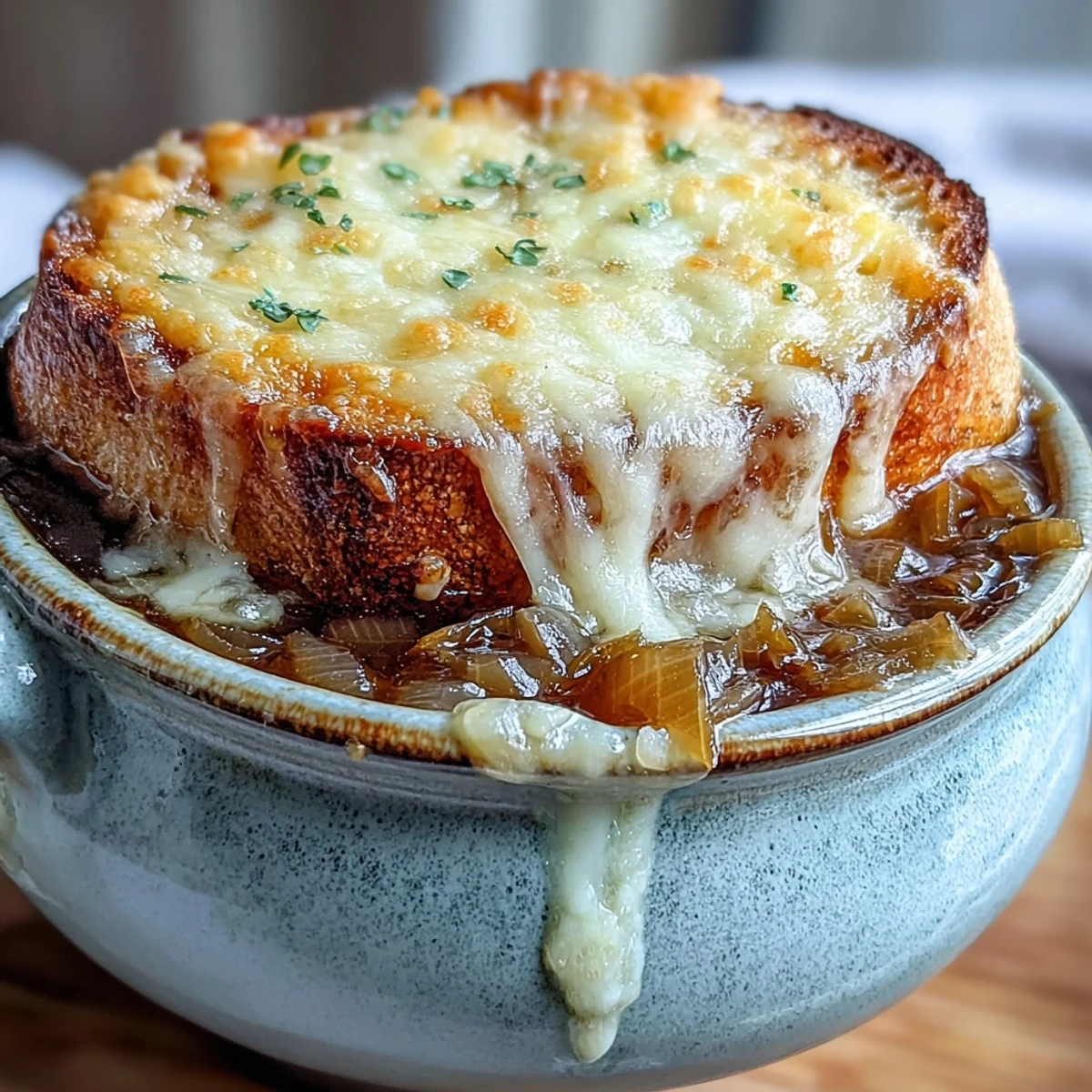 Close-up of French Onion Soup featuring deeply caramelized onions, thyme, and a slice of bread under bubbling Gruyère.