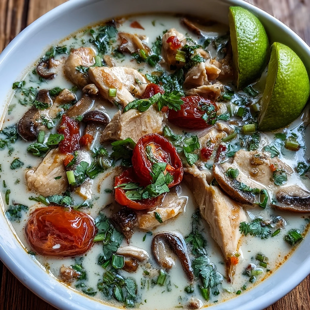 Golden-hued Best Ever Tom Kha Gai Soup steams in a white bowl, featuring tender chicken slices, oyster mushrooms, and bright cherry tomatoes floating in creamy coconut broth.