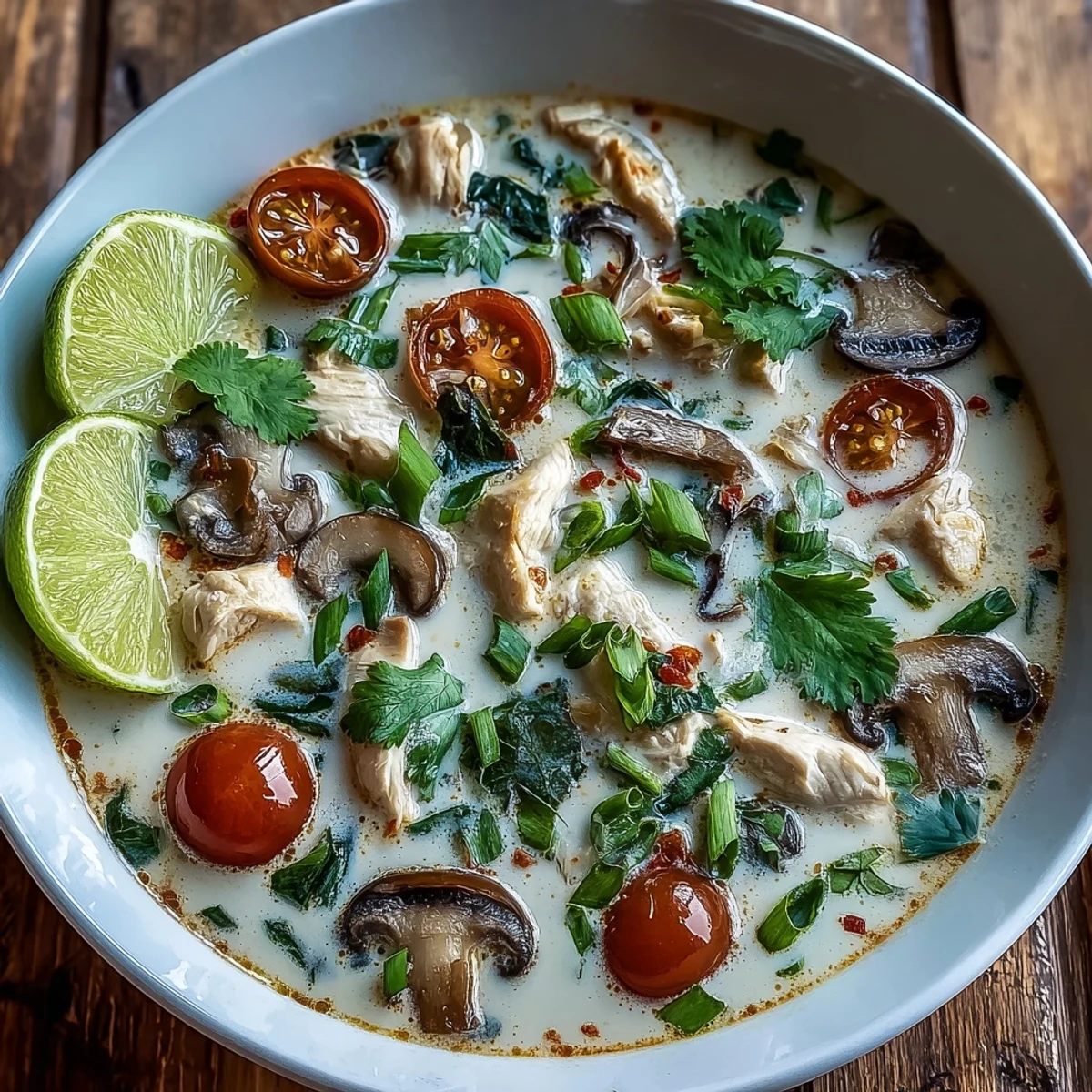 This aromatic Best Ever Tom Kha Gai Soup is garnished with fresh cilantro and green onions, with lime wedges resting on the side for squeezing.