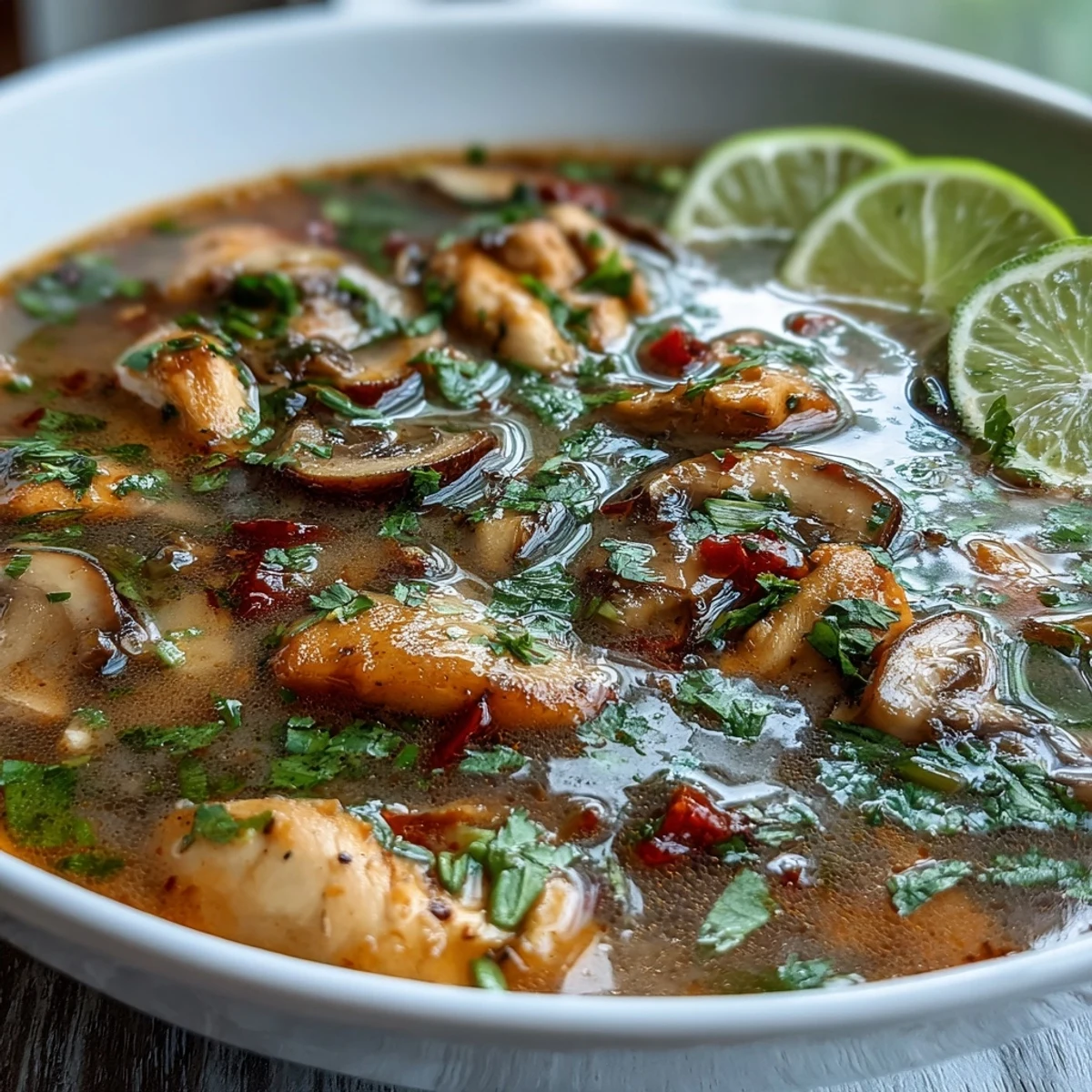 Steaming bowl of Tom Yum Chicken soup with tender chicken pieces, mushrooms, and fresh herbs.