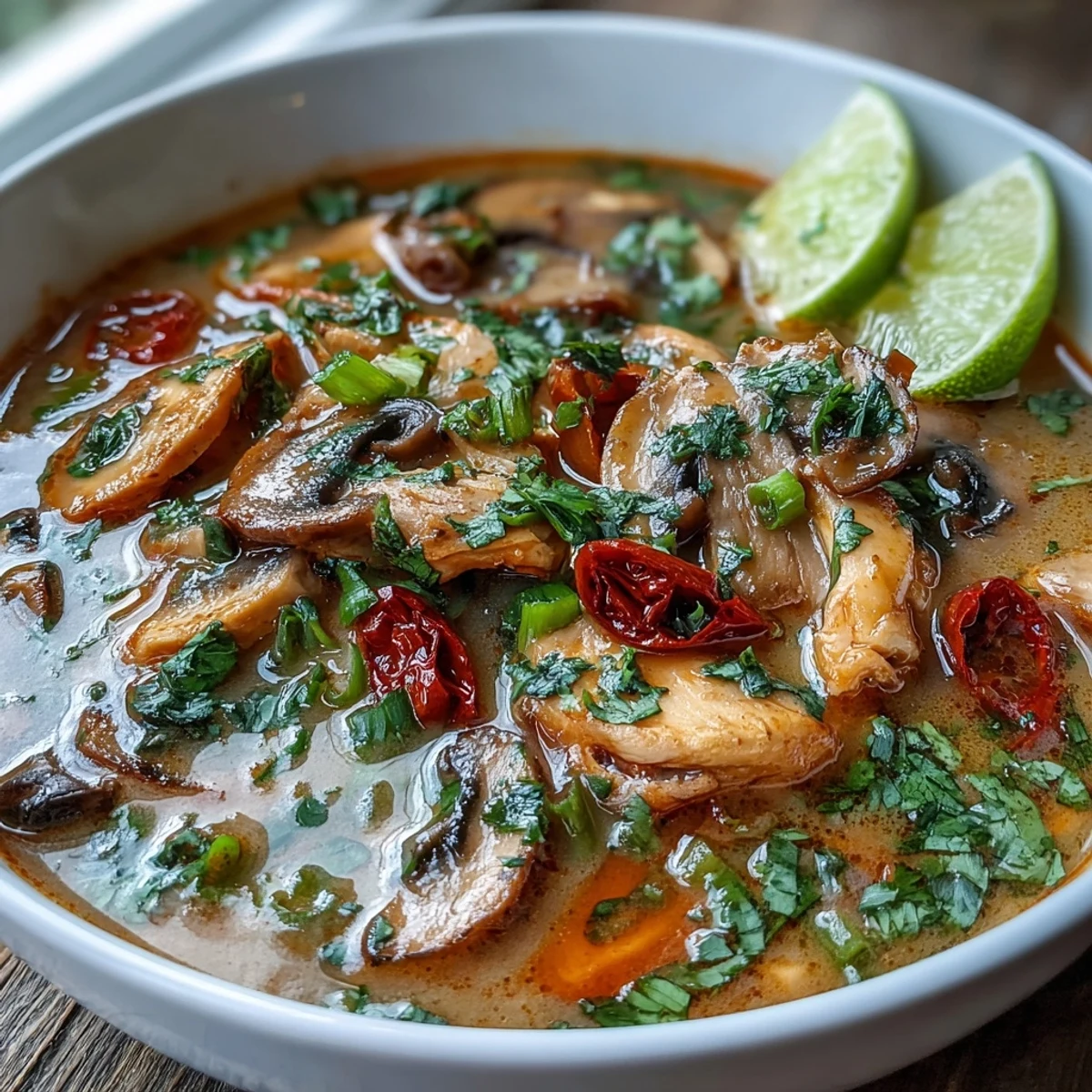 Aromatic Thai Tom Yum Chicken broth infused with lemongrass, galangal, and chilies for a vibrant meal.