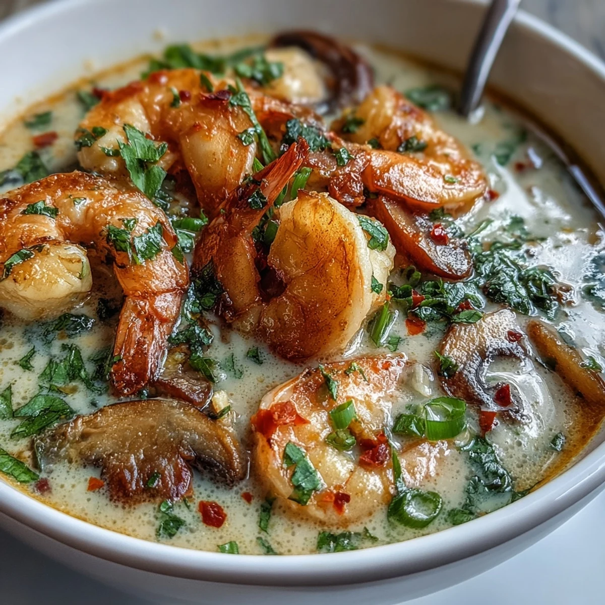 Creamy Thai Coconut Shrimp Soup with plump shrimp and mushrooms simmered in coconut milk, red curry paste, and fresh herbs.