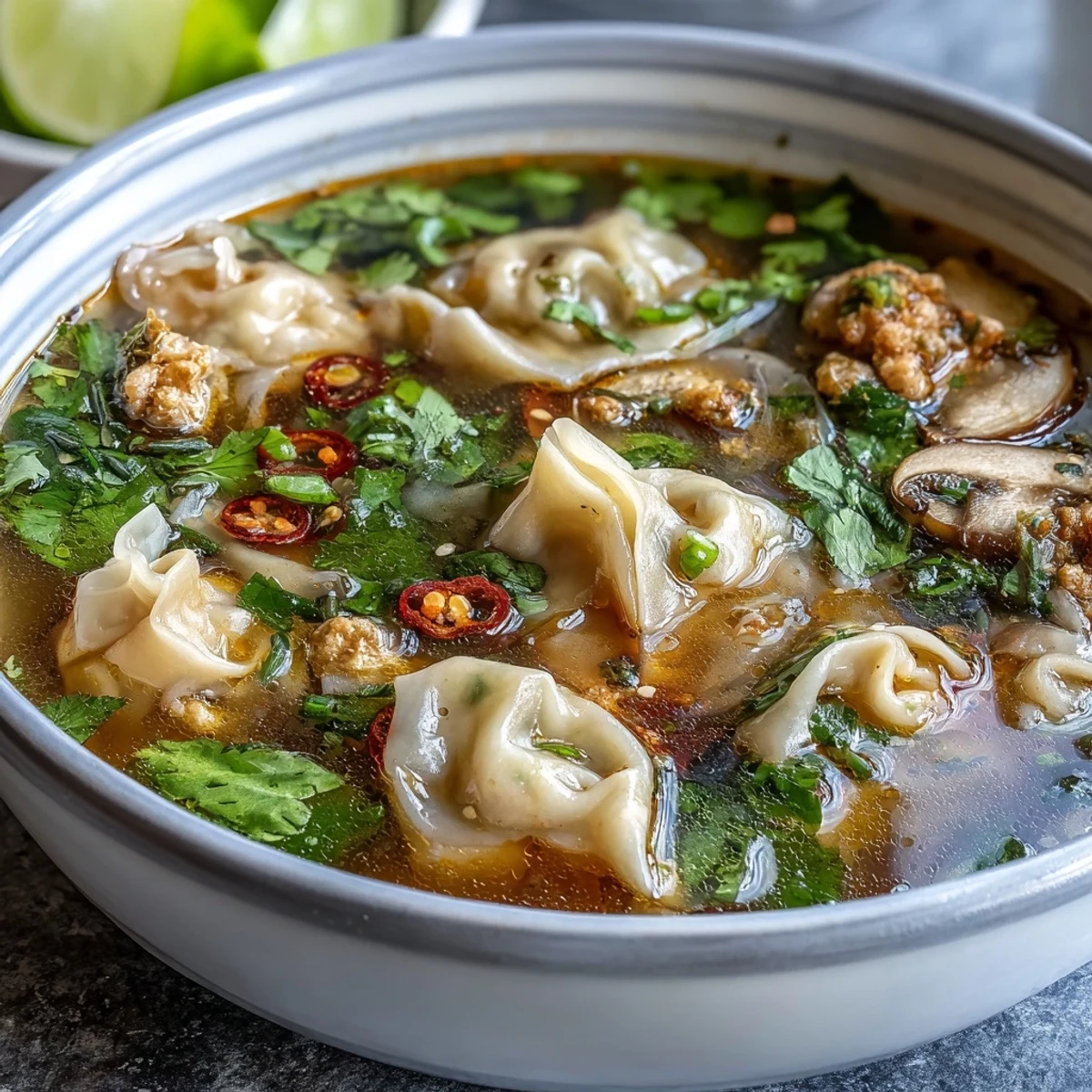 Tom Yum Wonton Soup served steaming hot in a rustic bowl, showcasing tender pork dumplings and a vibrant chili-lime broth.