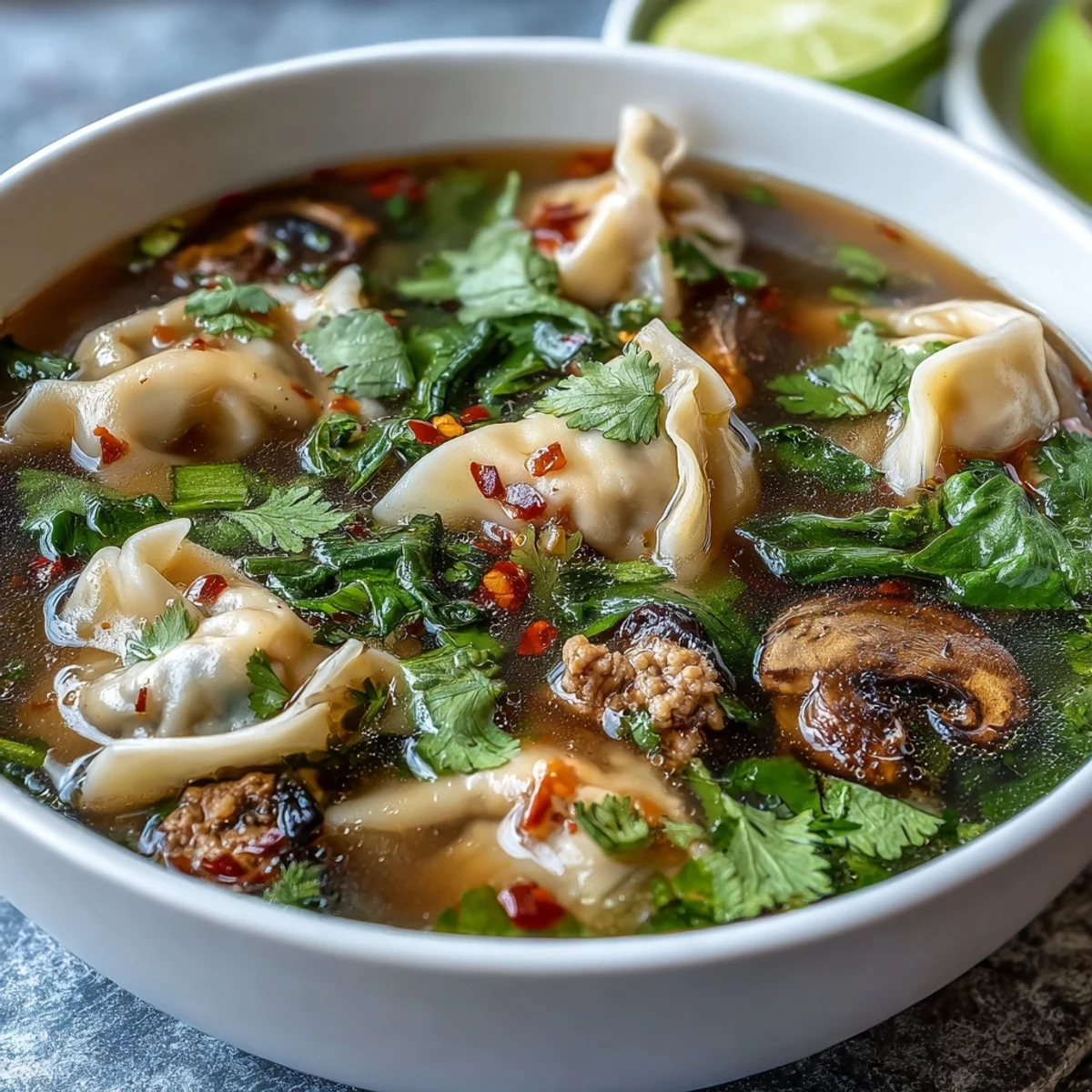 A close-up of Tom Yum Wonton Soup with bok choy and fresh lime wedges, capturing the aromatic Thai-Chinese flavors.
