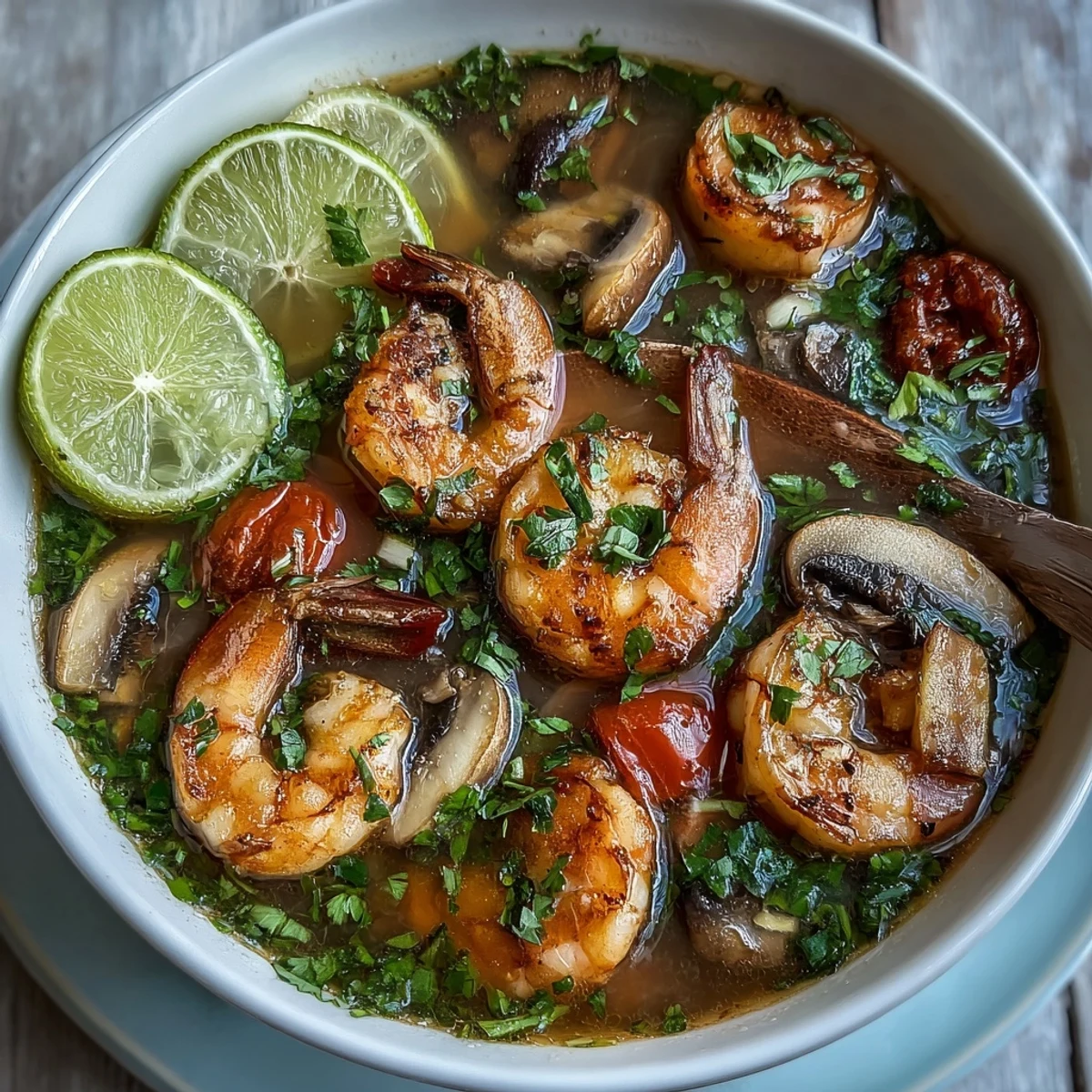 Steaming bowl of homemade Tom Yum Soup filled with shrimp, mushrooms, and fresh Thai herbs.