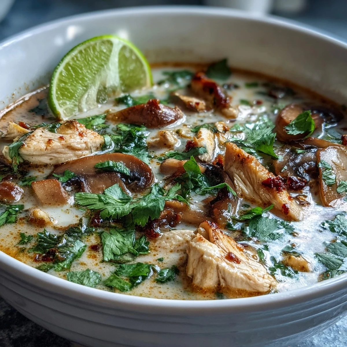 Creamy Tom Kha Soup with tender chicken and mushrooms, garnished with fresh cilantro and lime wedges.