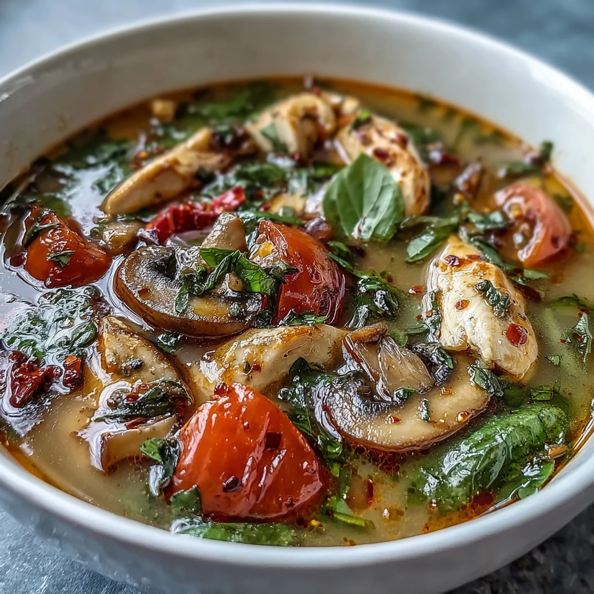 Fragrant Tom Yum Gai soup in a white bowl with red tomatoes and cilantro garnish.