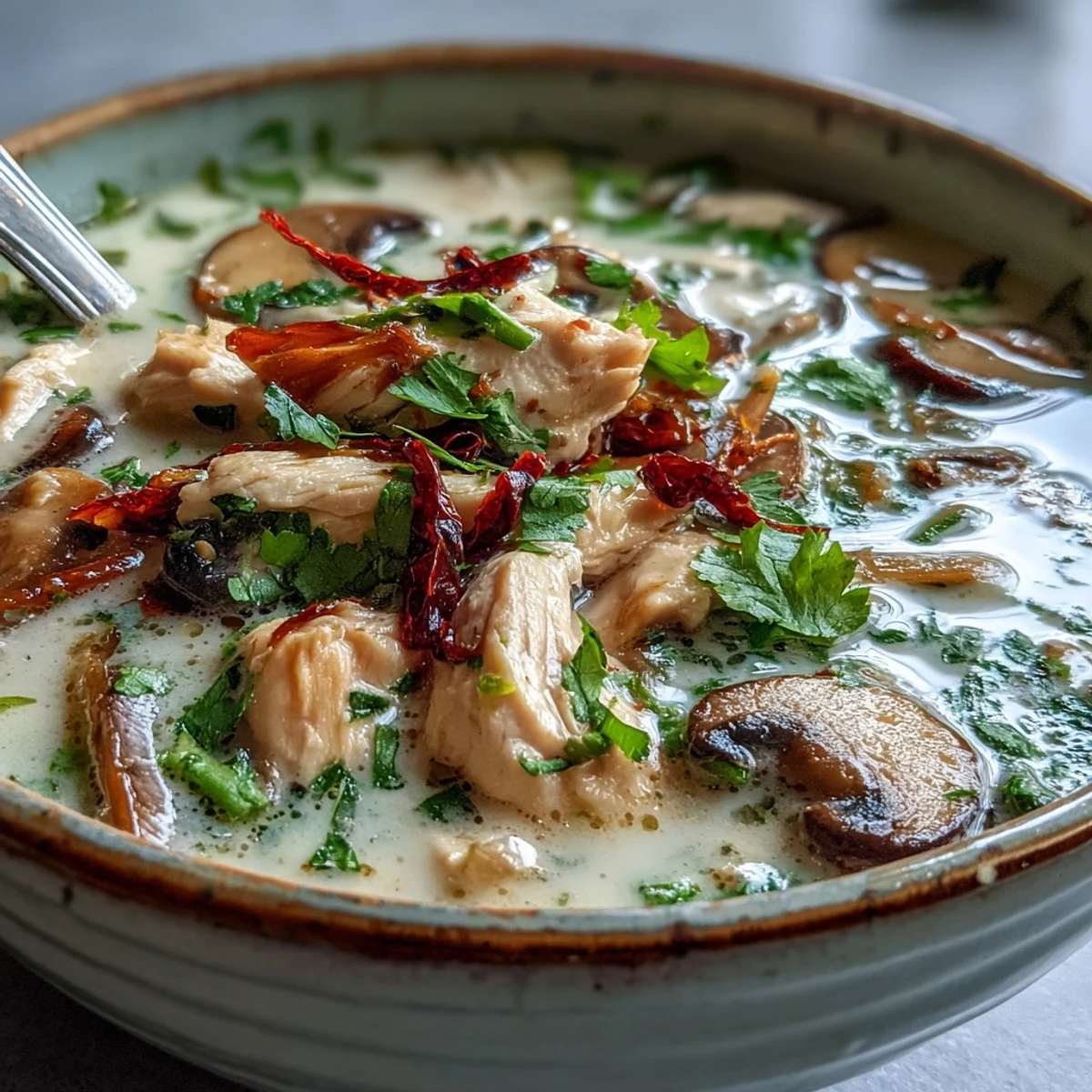 Fragrant Authentic Tom Kha Gai served hot in a bowl, showcasing tender chicken, mushrooms, and cilantro garnish.