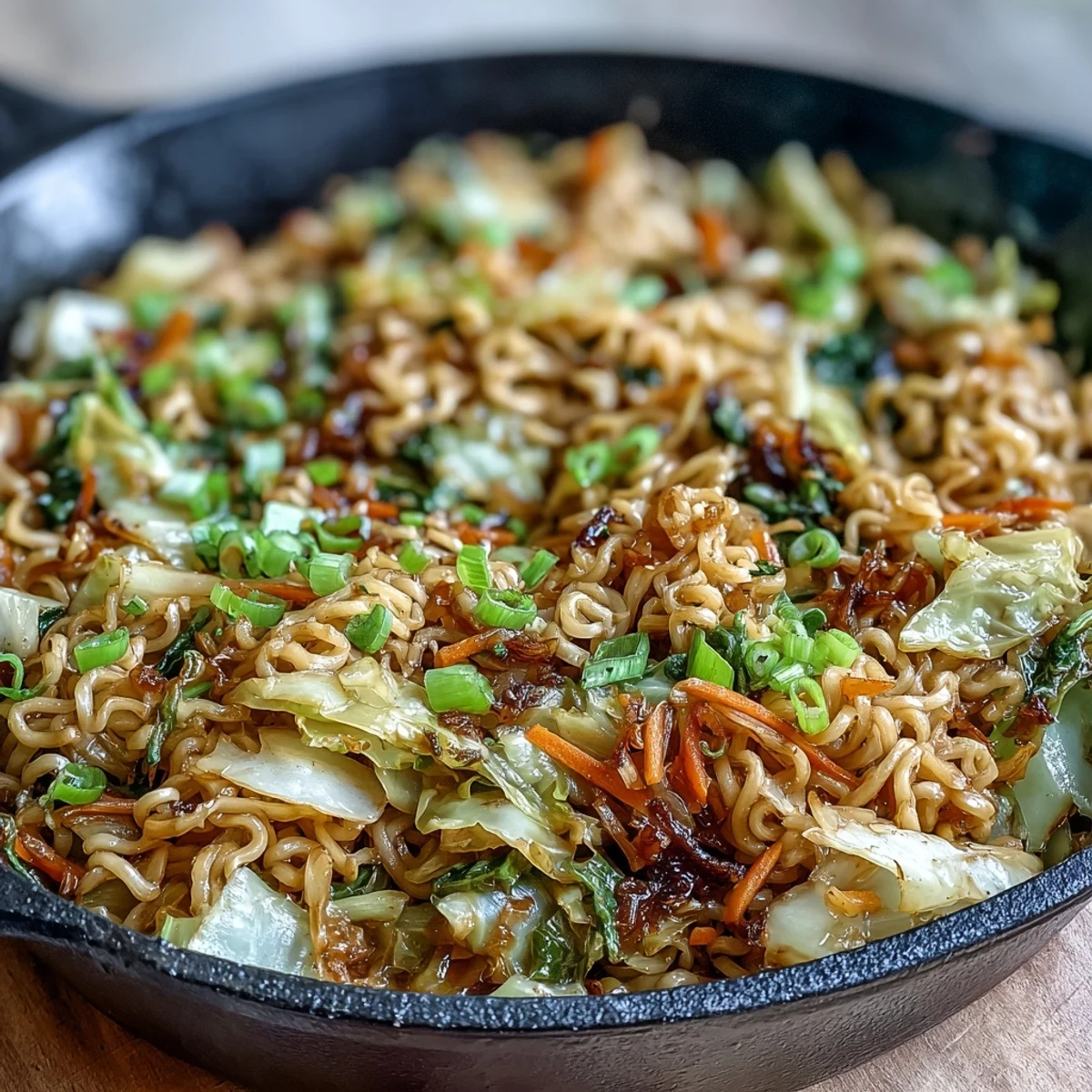 Close-up of Fried Cabbage Ramen in a skillet, featuring golden-brown cabbage and noodles coated in savory sauce. 