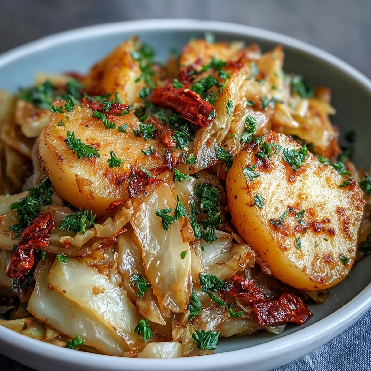 Hearty Braised Cabbage With Potatoes and Chili on a rustic plate, showcasing tender cabbage and soft potatoes with a comforting, warm chili steam.