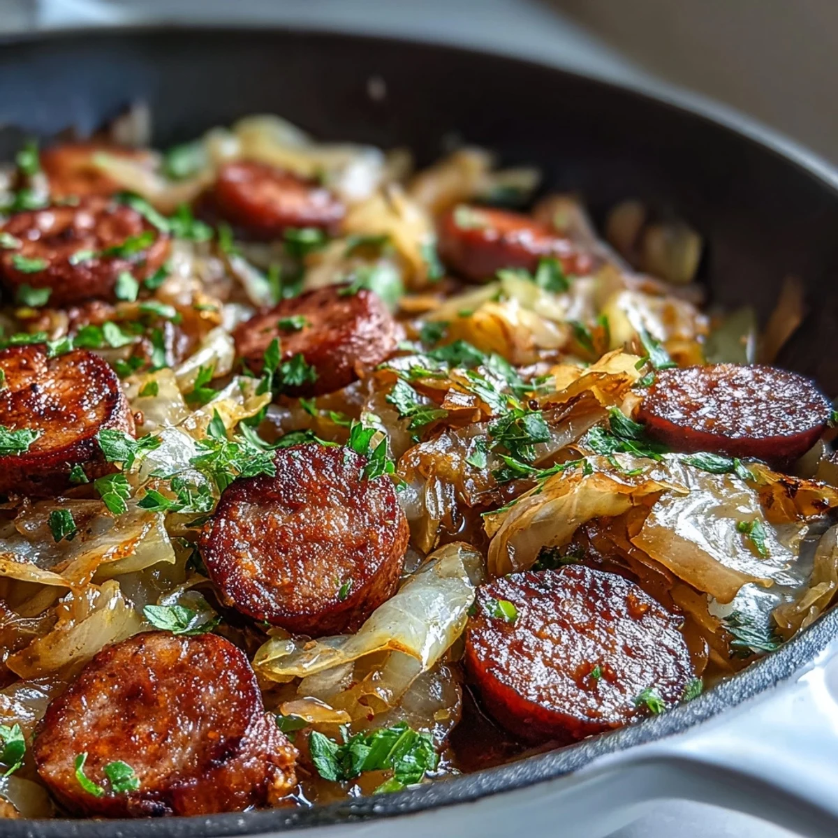 Smothered Cabbage With Sausage Skillet features smoky sausage and tender cabbage in a rustic cast-iron pan.