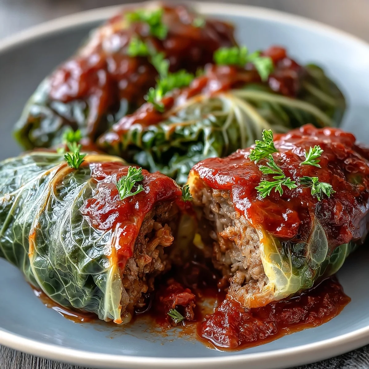 Golden brown baked cabbage rolls in rich tomato sauce, topped with fresh parsley.