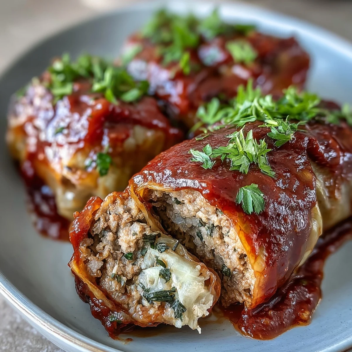 Tender cabbage rolls with savory meat and rice filling, served steaming hot.