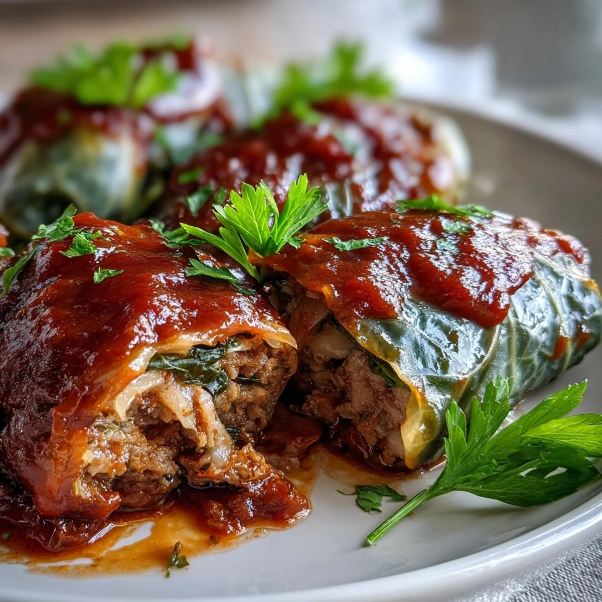 Savory Eastern European cabbage rolls, drizzled with tomato sauce and fresh parsley.