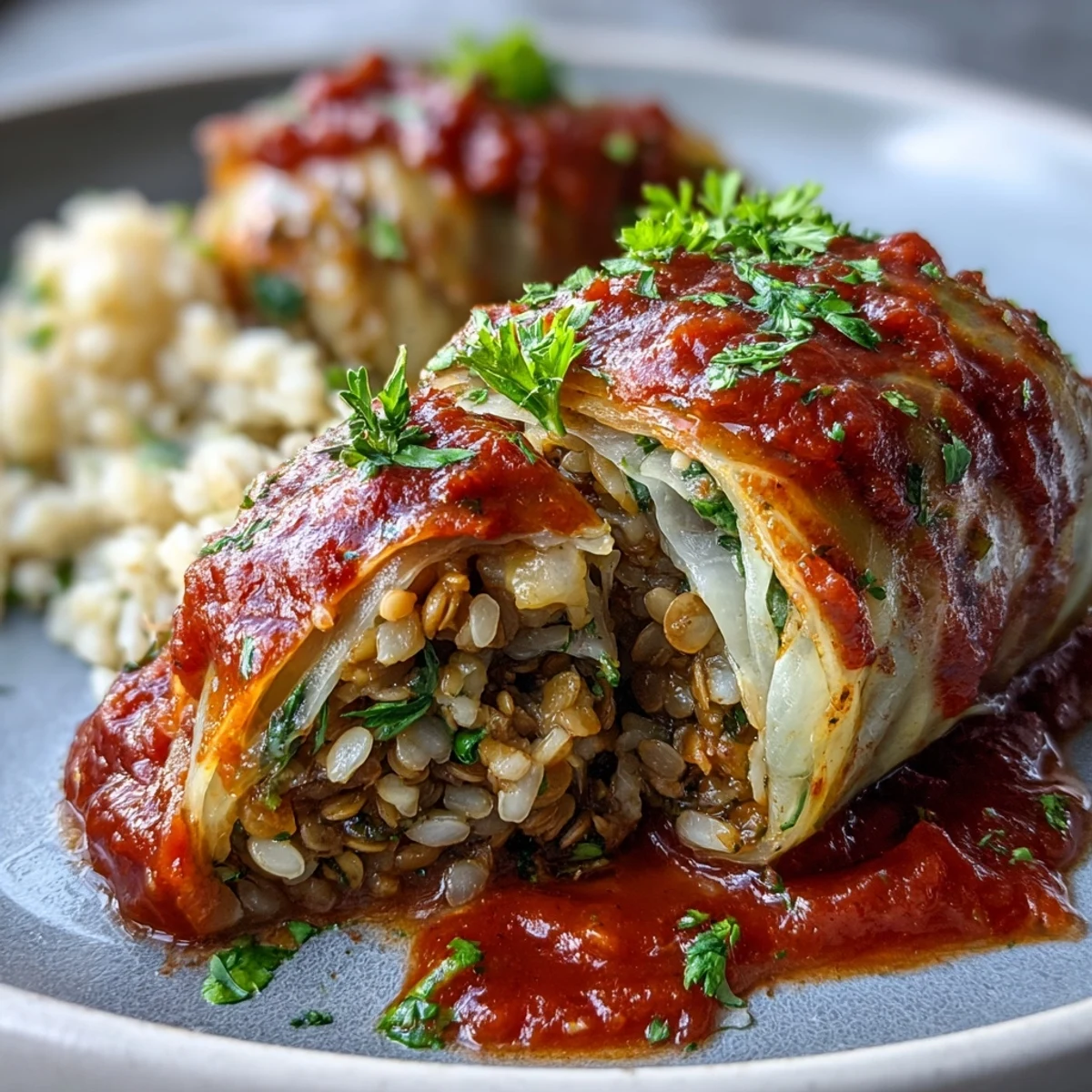 Golden-brown Baked Vegan Cabbage Rolls bubbling with rich tomato sauce in a ceramic dish.
