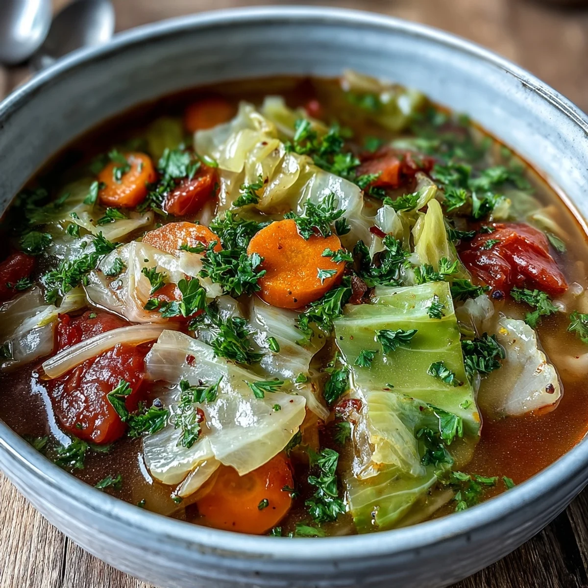 A steaming bowl of Classic Cabbage Soup features tender green cabbage and carrots in a rich tomato broth, garnished with fresh parsley.
