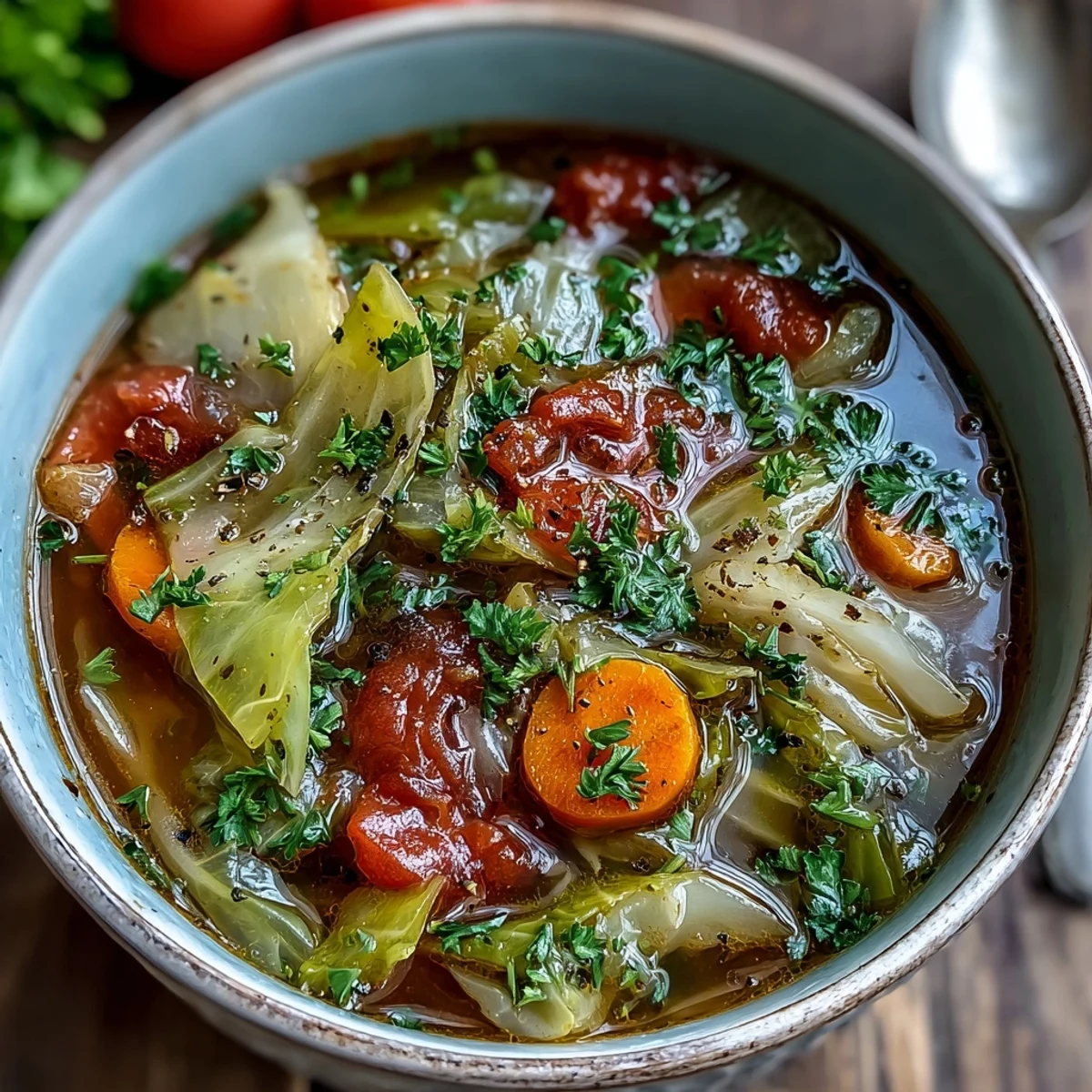 Close-up of Classic Cabbage Soup in a rustic bowl, showing savory tomato broth with chunks of cabbage, carrots, celery, and herbs.