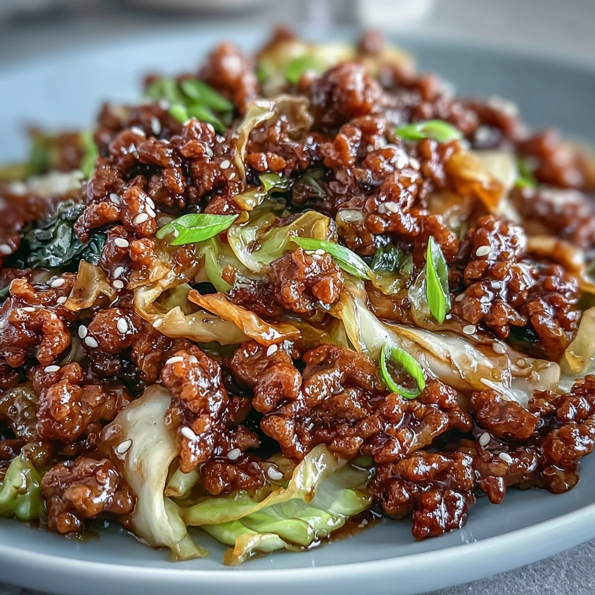 Sizzling Chinese Ground Beef and Cabbage Stir-Fry in a hot wok, coated in a glossy savory sauce, ready for a low-carb weeknight meal.