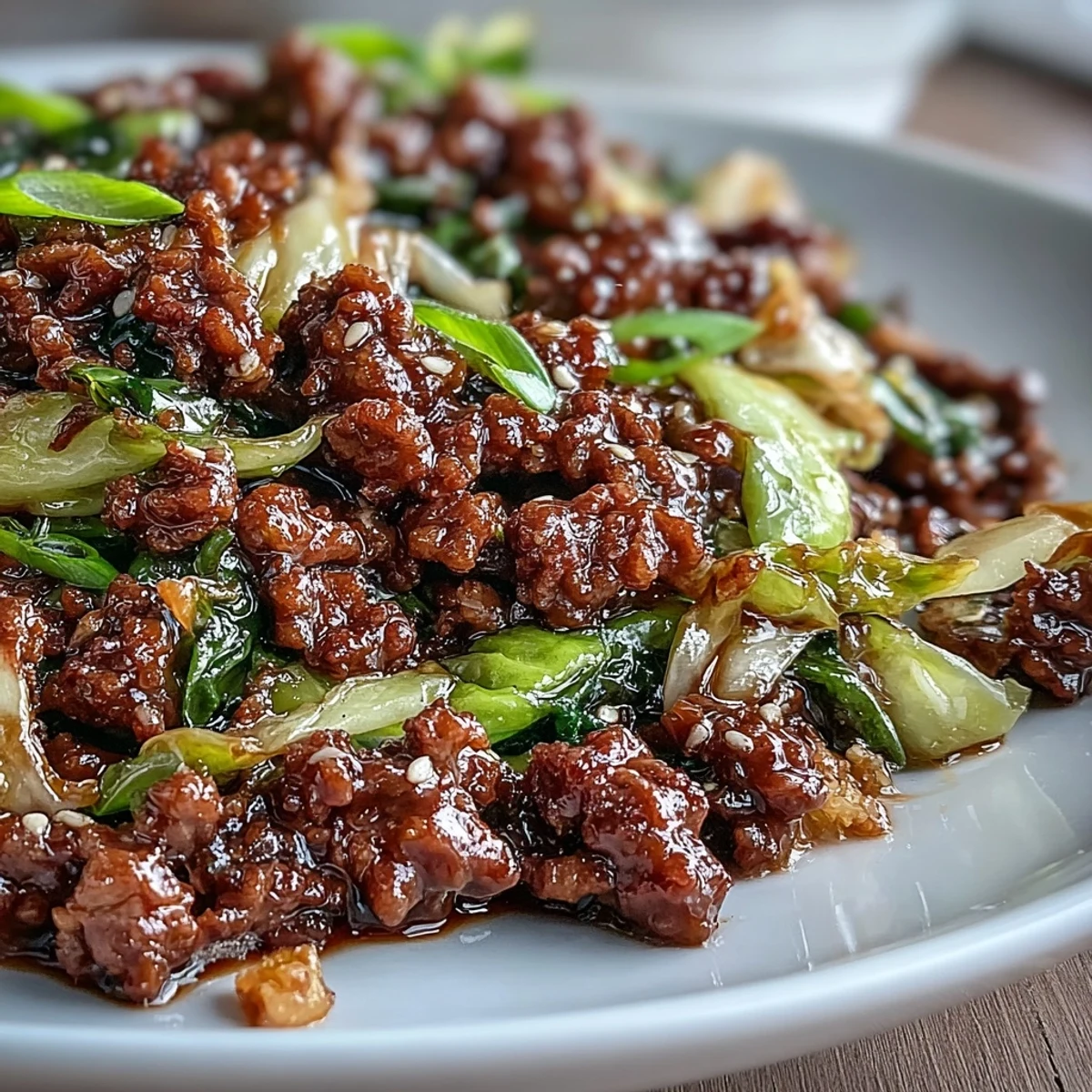 Fork-tender Chinese Ground Beef and Cabbage Stir-Fry with crisp cabbage ribbons and browned beef, fresh ginger and garlic adding bright, aromatic flavor.